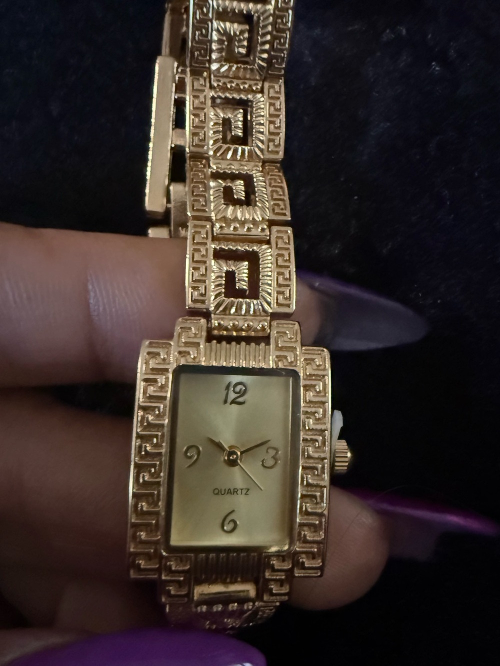Vintage 1990s Gold Tone Greek Key Quartz Bracelet Watch Japan Movement